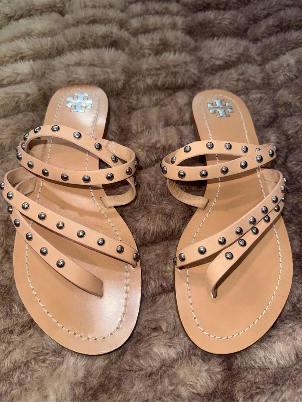 TORY BURCH Patos Studded Sandal SZ 7.5M Ivory Women LTHR Slide Flat Shoe Beach